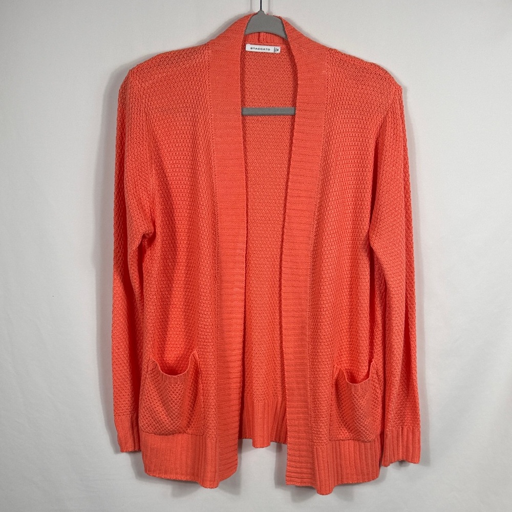 Staccato‎ Vibrant Coral Cardigan Knit Sweater. Womens Size M. Has pockets
